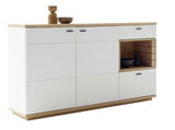Modernes Sideboard in Weiß mit Holzdetails, seitliche Perspektive