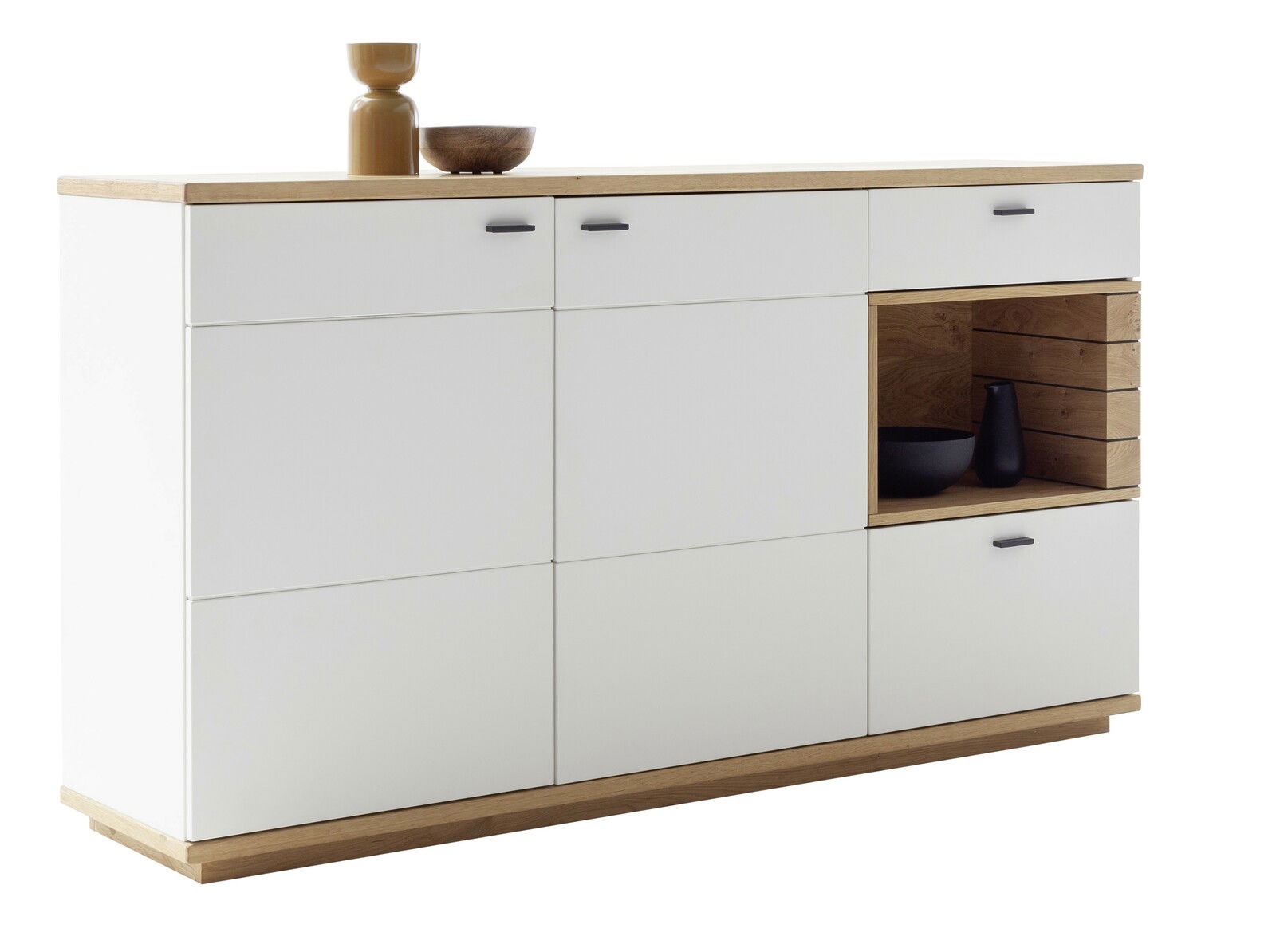 Modernes Sideboard in Weiß mit Holzdetails, seitliche Perspektive