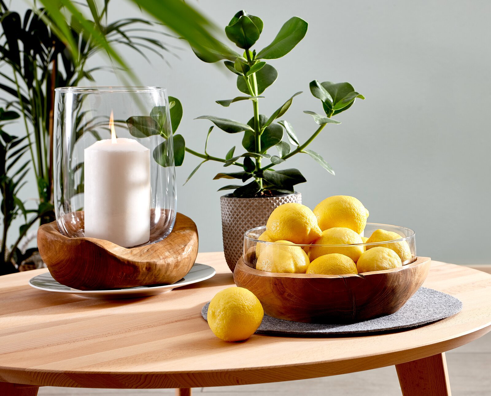 Leonardo Windlicht TOSCANA Windlicht mit Teakholz-Basis und brennender Kerze, auf einem Tisch mit Pflanzen im Hintergrund, aus seitlicher Perspektive fotografiert.