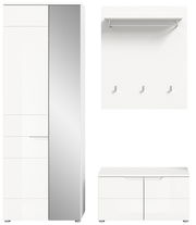 Garderobenkombination bestehend aus einem hohen Schrank mit Spiegel, einer Wandpaneele mit Haken und einem niedrigen Schuhschrank, frontal abgebildet.