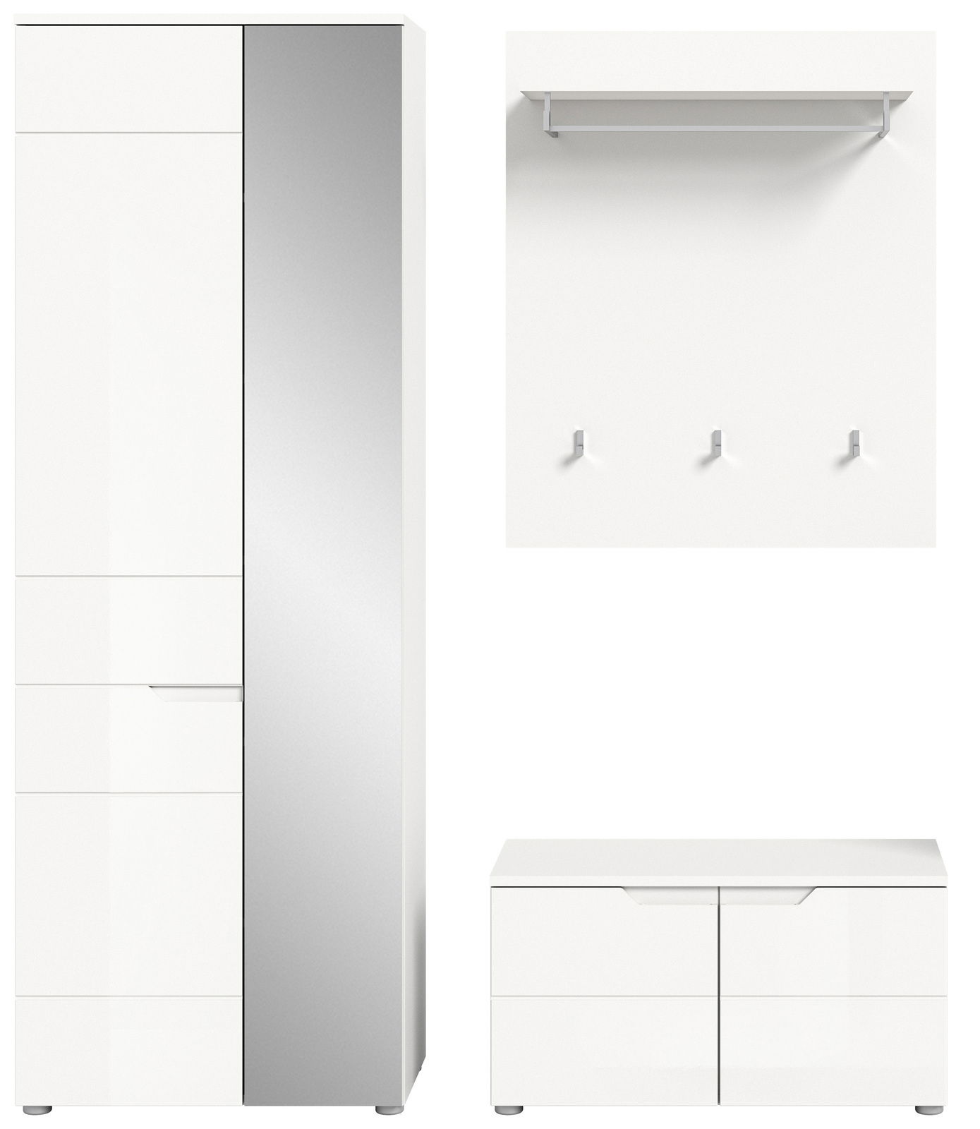 Garderobenkombination bestehend aus einem hohen Schrank mit Spiegel, einer Wandpaneele mit Haken und einem niedrigen Schuhschrank, frontal abgebildet.