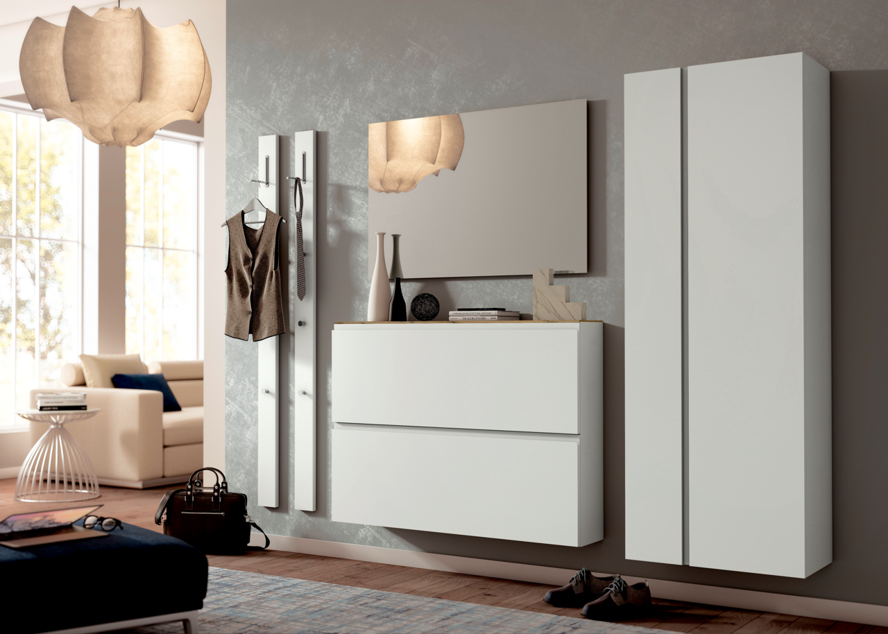 Moderano Hängeschuhschrank LECCO Moderner Hängeschuhschrank in Weiß mit zwei Türen, seitliche Perspektive, in einem stilvoll eingerichteten Raum mit Spiegel und Dekoration.