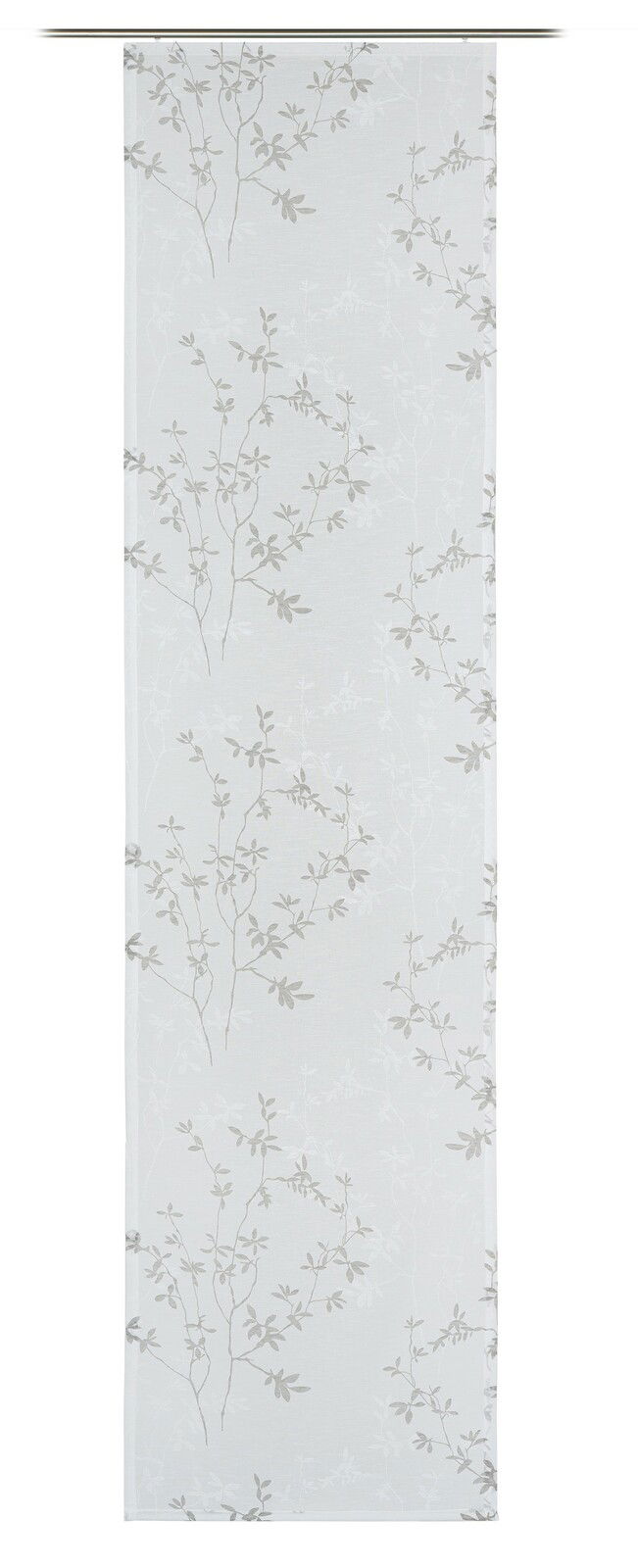 GÖZZE Schiebevorhang VICTORIA Schiebevorhang mit floralem Muster in Weiß und Grau, frontal betrachtet.
