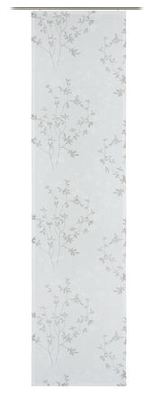 Schiebevorhang mit floralem Muster in Weiß und Grau, frontal betrachtet.