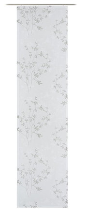Schiebevorhang mit floralem Muster in Weiß und Grau, frontal betrachtet.