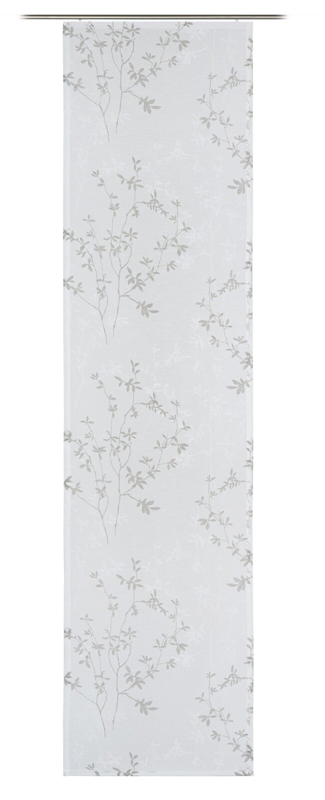 Schiebevorhang mit floralem Muster in Weiß und Grau, frontal betrachtet.