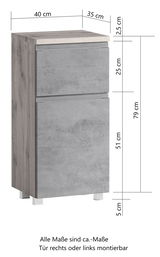 Unterschrank in Holz- und Betonoptik, frontale Perspektive, Maße: 40 cm Breite, 35 cm Tiefe, 79 cm Höhe