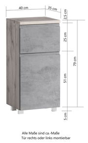 Unterschrank in Holz- und Betonoptik, frontale Perspektive, Maße: 40 cm Breite, 35 cm Tiefe, 79 cm Höhe