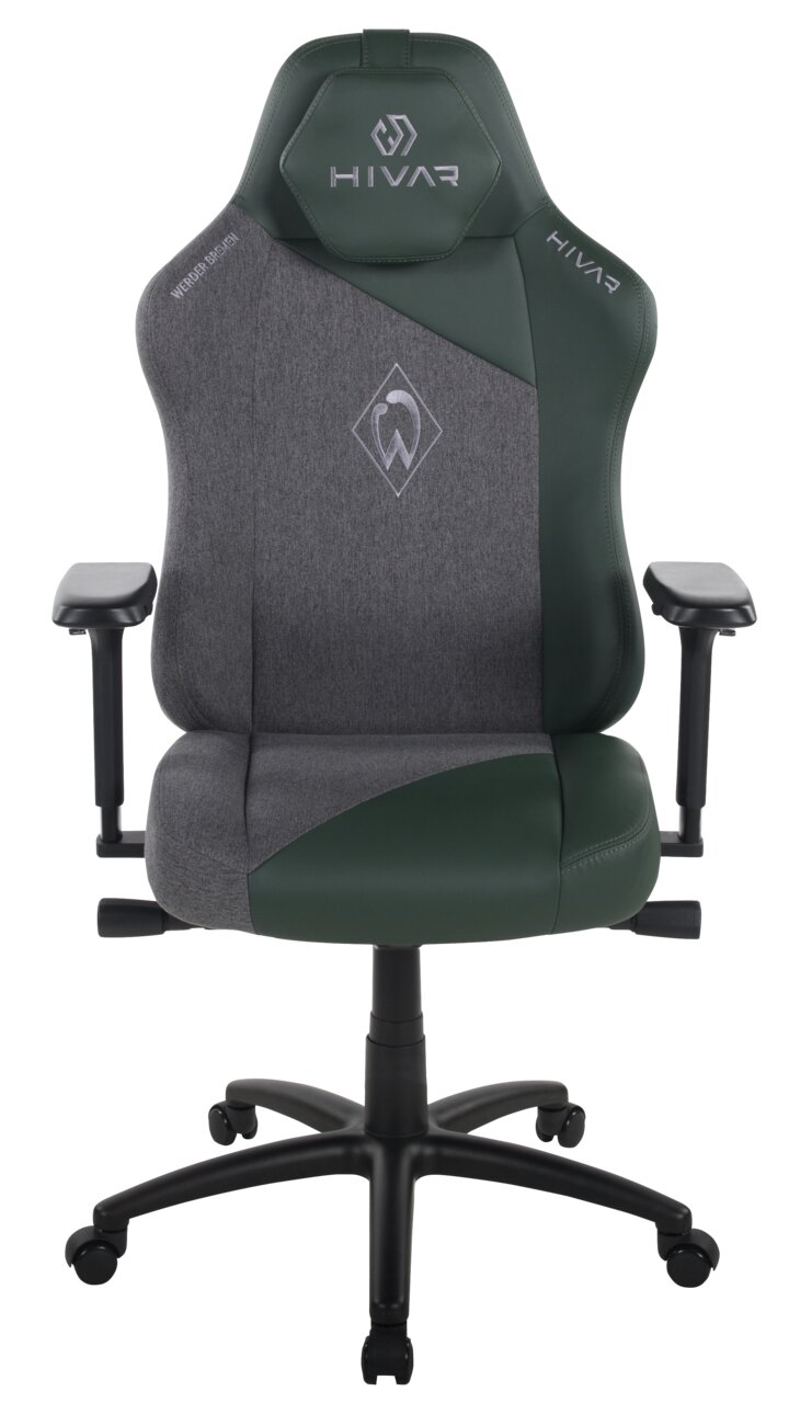 Frontansicht des HIVAR Gaming Stuhls in Werder Bremen Design mit grauen und grünen Polstern.