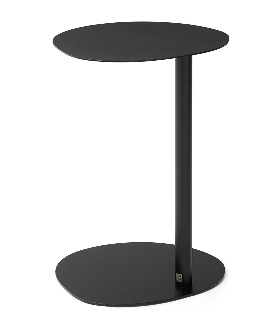 Schwarzer Beistelltisch mit ovaler Tischplatte und Basis, seitliche Perspektive
