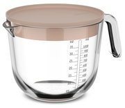 Glas-Messbecher mit 1000 ml Fassungsvermögen, beige Deckel, seitliche Skala in ml und oz, seitliche Perspektive