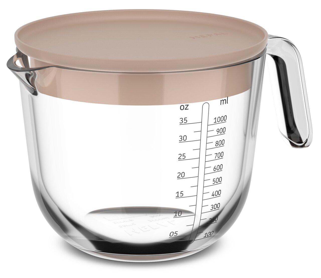 Glas-Messbecher mit 1000 ml Fassungsvermögen, beige Deckel, seitliche Skala in ml und oz, seitliche Perspektive