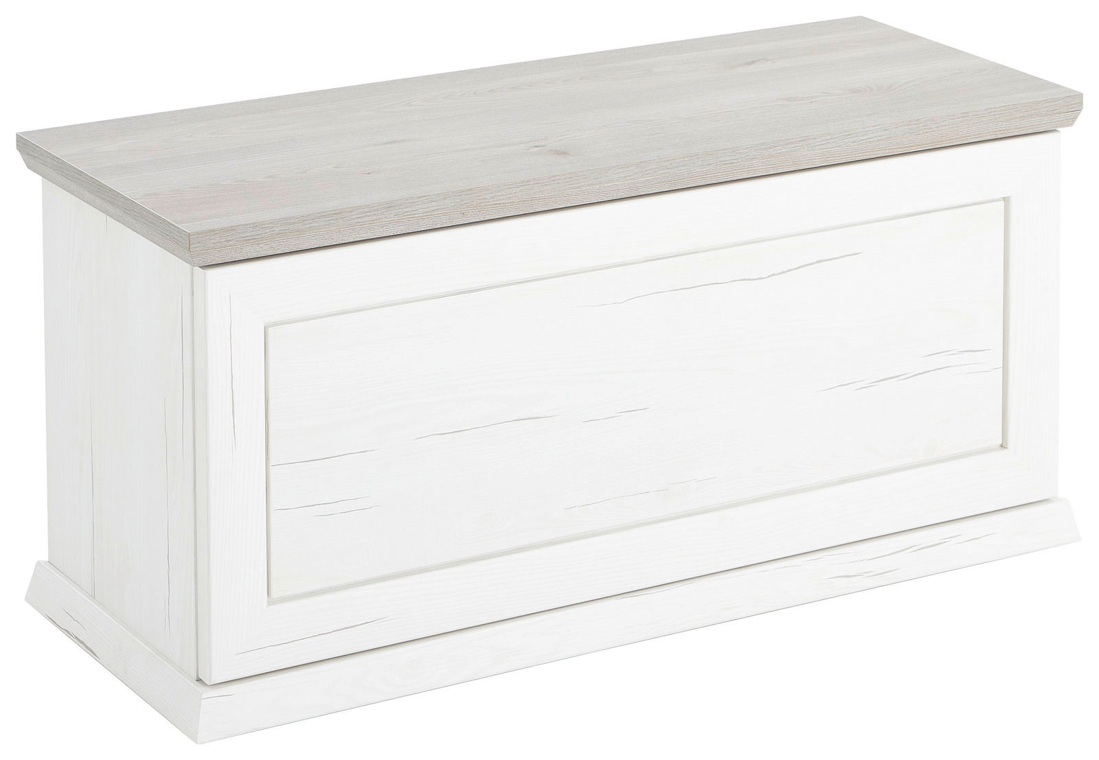 Weiße Truhe oder Sitzbank mit Holzoptik-Deckel, seitliche Perspektive
