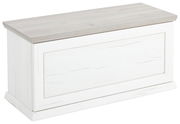 Weiße Truhe oder Sitzbank mit Holzoptik-Deckel, seitliche Perspektive