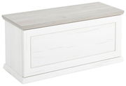 Weiße Truhe oder Sitzbank mit Holzoptik-Deckel, seitliche Perspektive