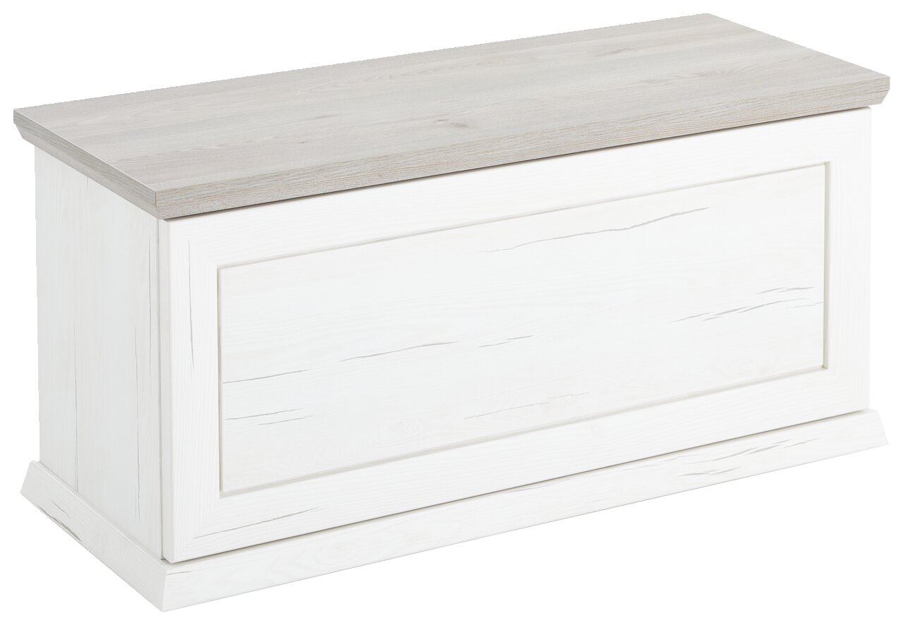 Weiße Truhe oder Sitzbank mit Holzoptik-Deckel, seitliche Perspektive