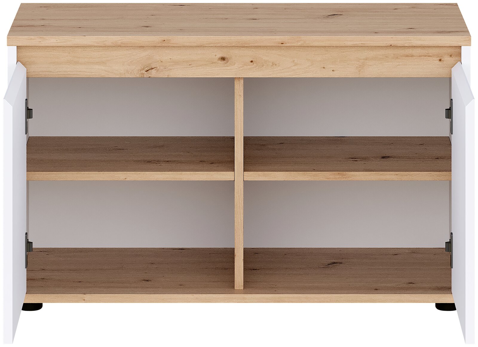 Offenes Sideboard/TV-Lowboard in Weiß mit Holzoptik-Oberplatte, zwei offenen Fächern und Mittelsteg, Frontansicht