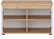 Offenes Sideboard/TV-Lowboard in Weiß mit Holzoptik-Oberplatte, zwei offenen Fächern und Mittelsteg, Frontansicht