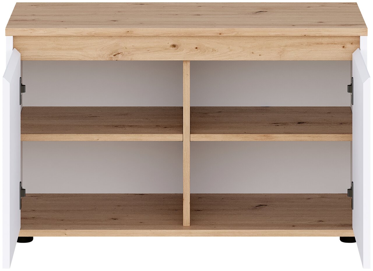 Offenes Sideboard/TV-Lowboard in Weiß mit Holzoptik-Oberplatte, zwei offenen Fächern und Mittelsteg, Frontansicht