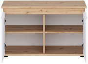 Offenes Sideboard/TV-Lowboard in Weiß mit Holzoptik-Oberplatte, zwei offenen Fächern und Mittelsteg, Frontansicht