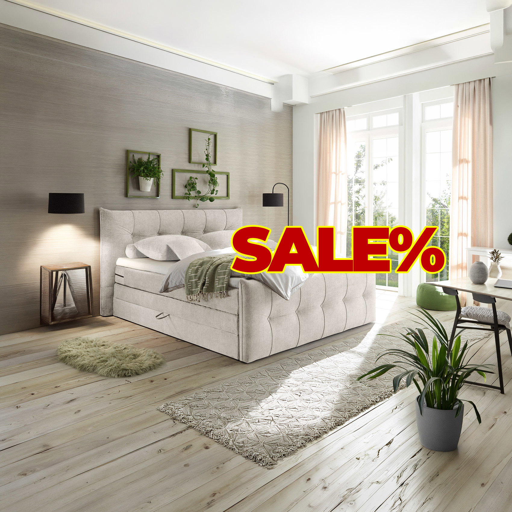 Lichte slaapkamer met gestoffeerd boxspringbed, planten en grote SSV%-saleaanduiding.