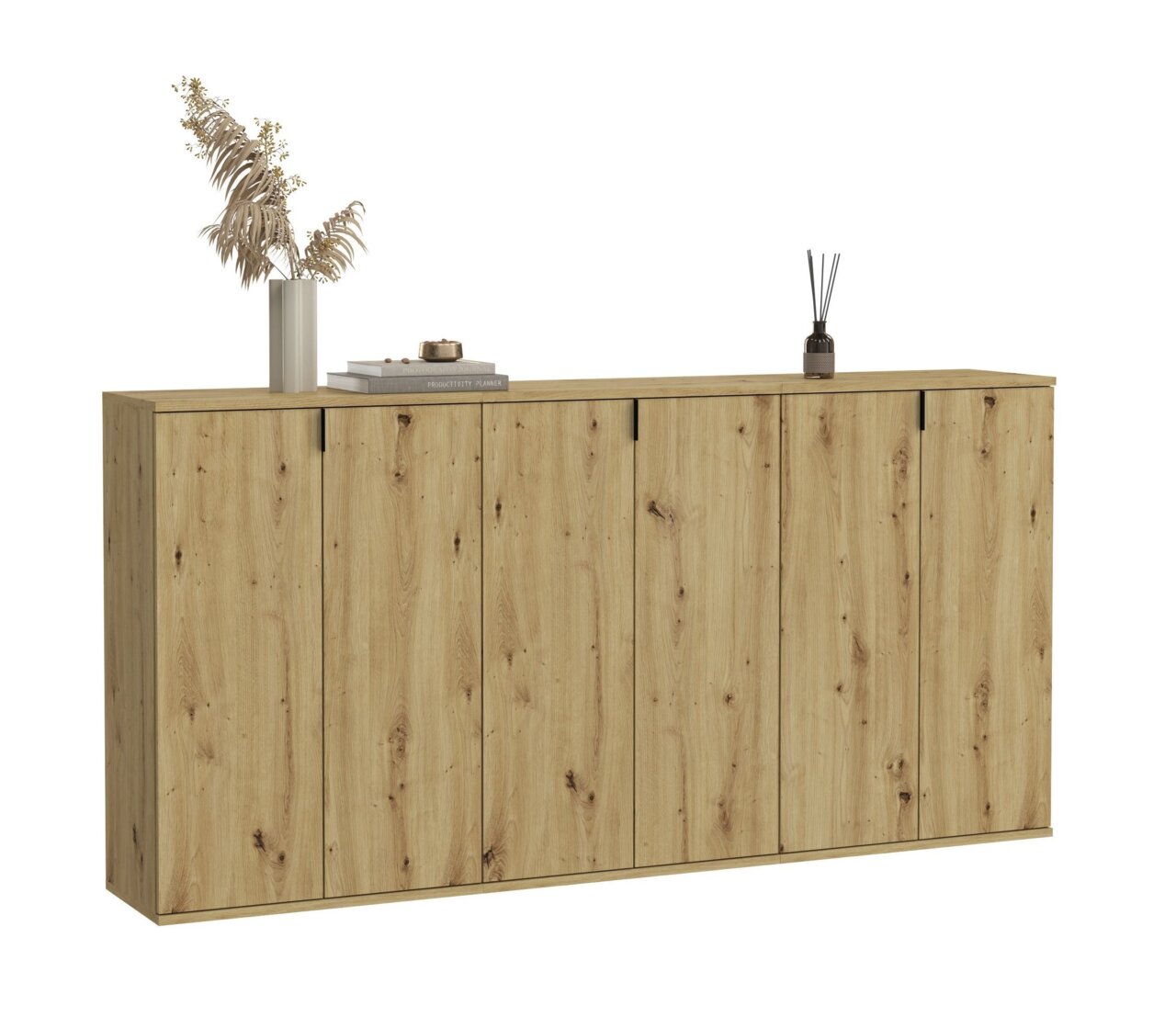 MID.YOU Schuhkommodenkombination PROJEKT X Garderobenkombination aus Holz mit vier Türen, dekoriert mit einer Vase und Büchern, seitliche Perspektive