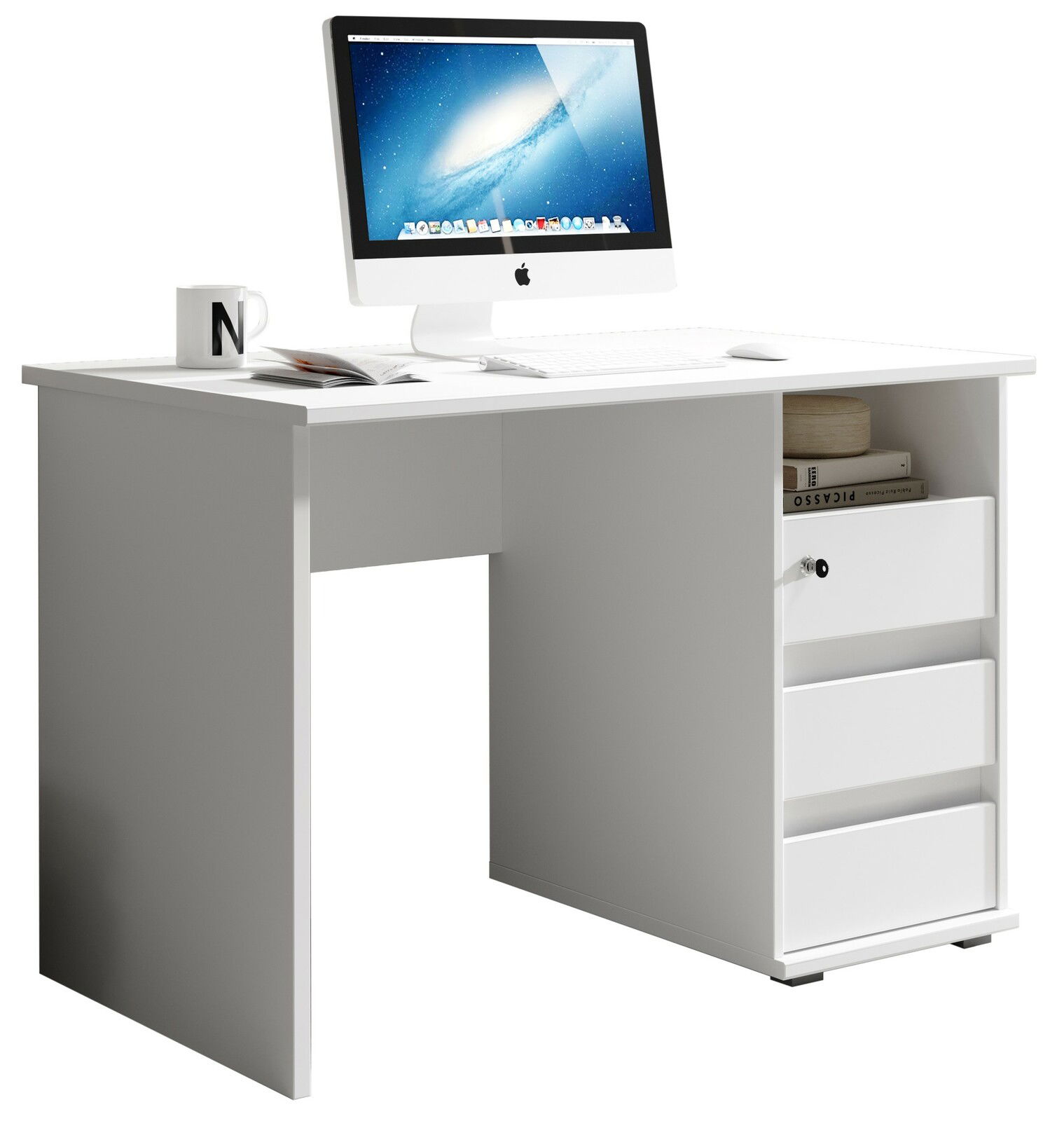 Moderner weißer Schreibtisch mit Schubladen und einem Computer, seitliche Perspektive