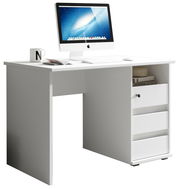 Moderner weißer Schreibtisch mit Schubladen und einem Computer, seitliche Perspektive