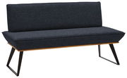 Moderne Bank mit dunkelgrauem Stoffbezug und schwarzen Metallbeinen, seitliche Perspektive