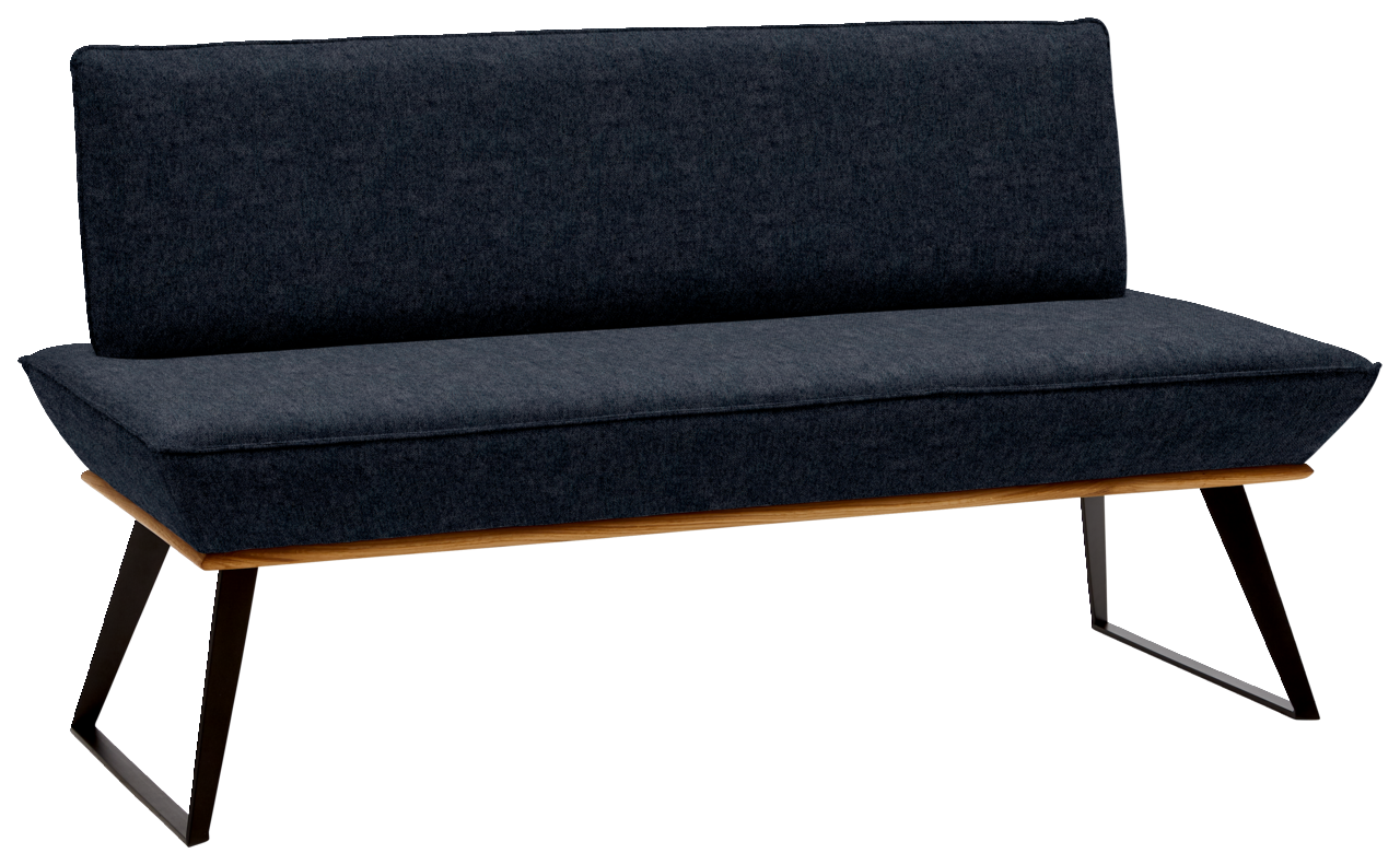 Voleo Bank 180 cm MALIBU Moderne Bank mit dunkelgrauem Stoffbezug und schwarzen Metallbeinen, seitliche Perspektive