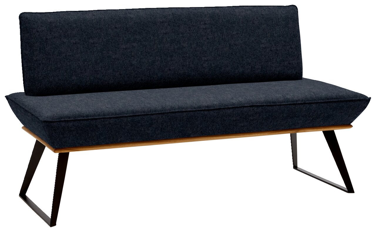 Moderne Bank mit dunkelgrauem Stoffbezug und schwarzen Metallbeinen, seitliche Perspektive