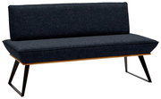 Moderne Bank mit dunkelgrauem Stoffbezug und schwarzen Metallbeinen, seitliche Perspektive