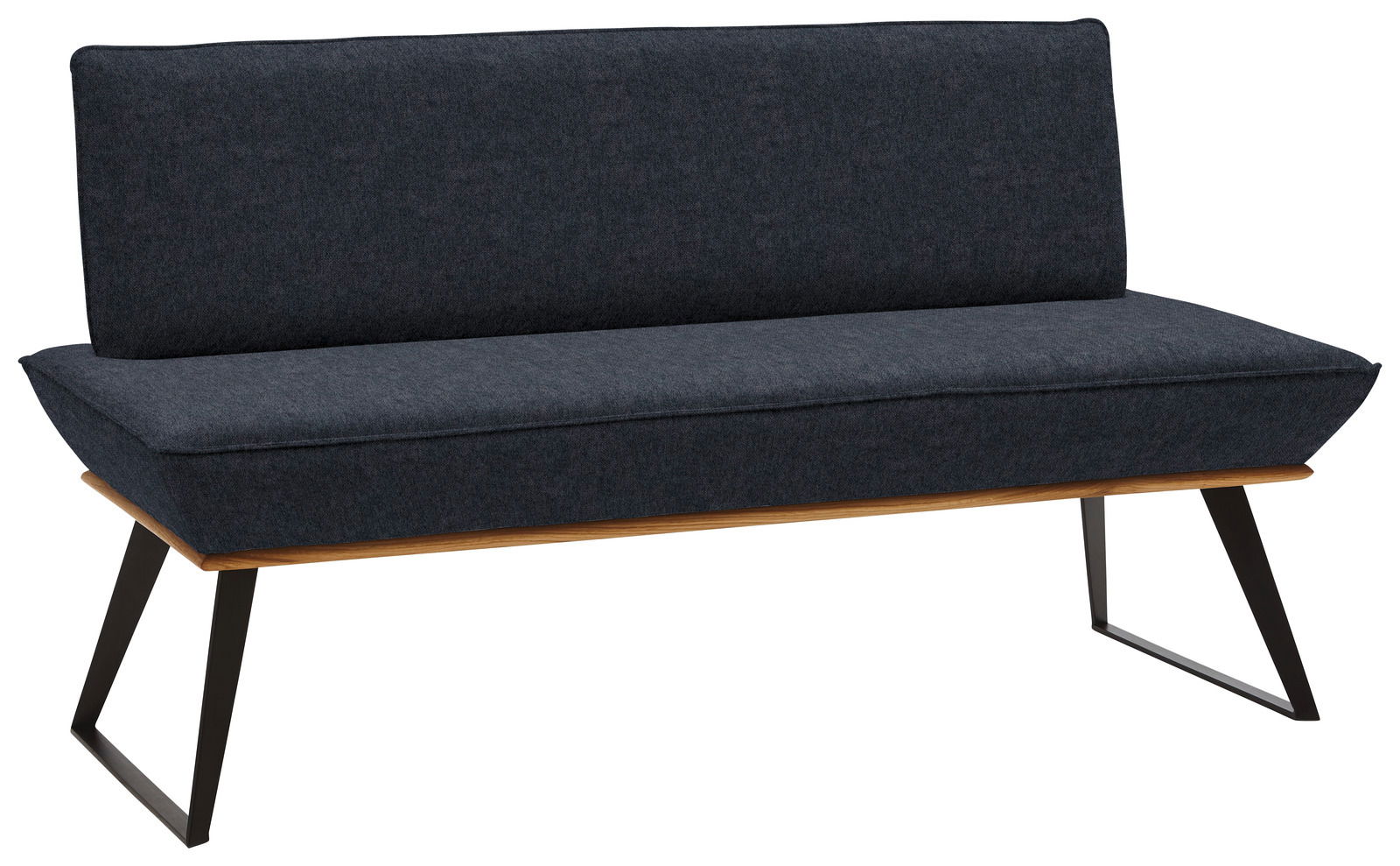Moderne Bank mit dunkelgrauem Stoffbezug und schwarzen Metallbeinen, seitliche Perspektive
