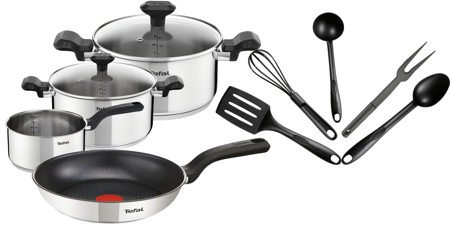 Kochgeschirr-Set aus Edelstahl mit Töpfen, Pfanne und Küchenutensilien, seitliche Perspektive