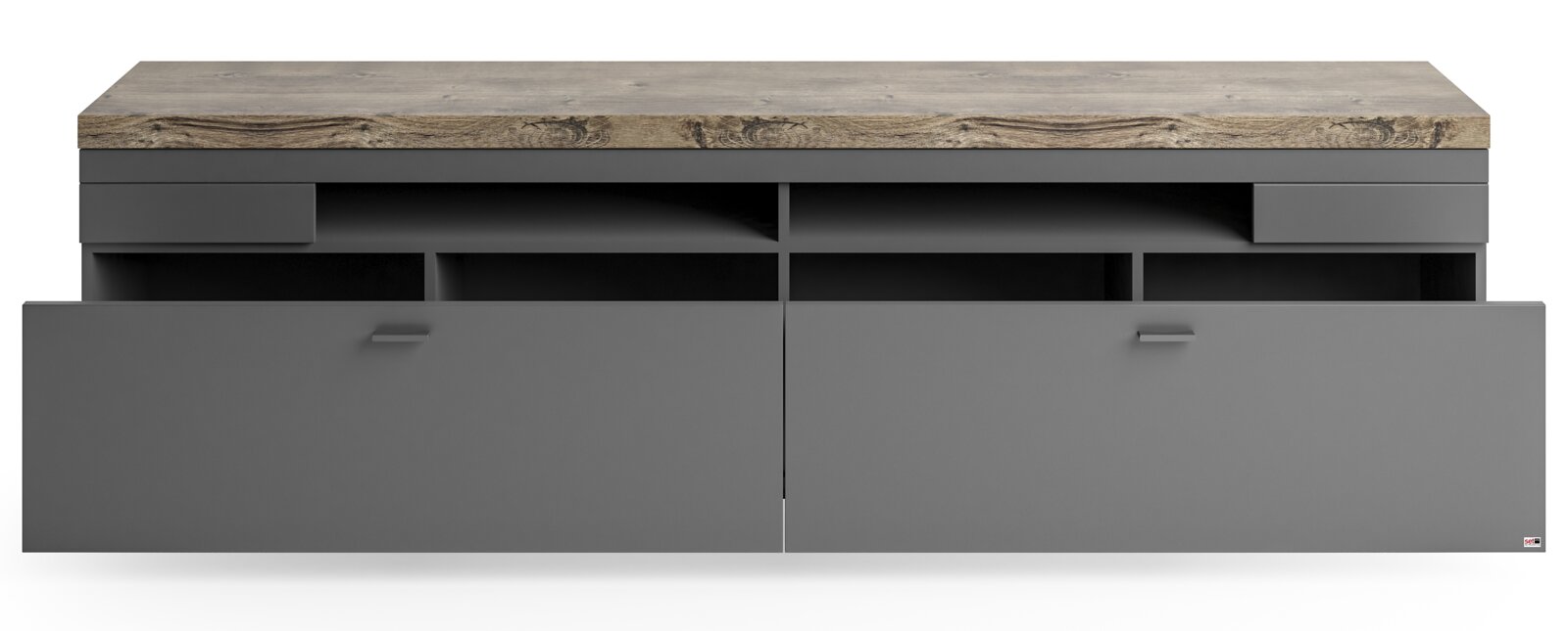 Frontansicht eines modernen TV-Lowboards mit grauer Oberfläche und Holzoptik auf der Oberseite, offene Fächer und Schubladen.