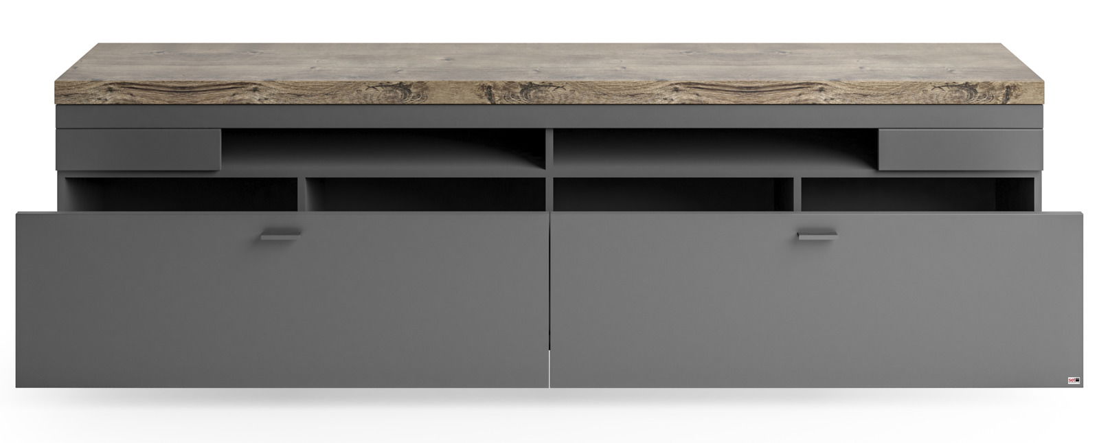 Frontansicht eines modernen TV-Lowboards mit grauer Oberfläche und Holzoptik auf der Oberseite, offene Fächer und Schubladen.