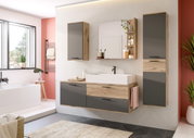 Moderner Badezimmer-Hängeschrank in Holzoptik mit grauen Fronten, seitliche Perspektive