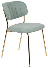 Moderner Stuhl mit grünem Stoffbezug und goldenen Metallbeinen, seitliche Perspektive