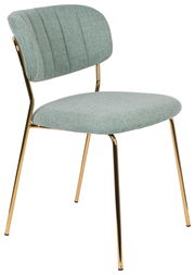 Moderner Stuhl mit grünem Stoffbezug und goldenen Metallbeinen, seitliche Perspektive