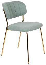 Moderner Stuhl mit grünem Stoffbezug und goldenen Metallbeinen, seitliche Perspektive