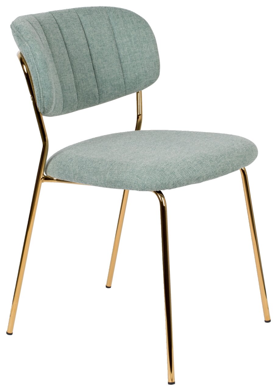 Z2 Stuhl JOLIEN Moderner Stuhl mit grünem Stoffbezug und goldenen Metallbeinen, seitliche Perspektive