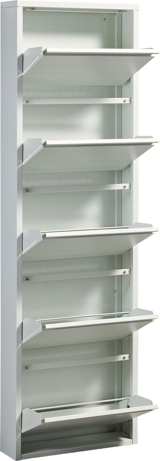Schmaler weißer Metallschuhschrank mit fünf nach vorne aufgeklappten Klappen, Frontansicht leicht seitlich von links