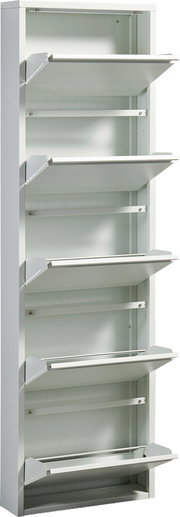 Schmaler weißer Metallschuhschrank mit fünf nach vorne aufgeklappten Klappen, Frontansicht leicht seitlich von links