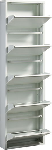 Schmaler weißer Metallschuhschrank mit fünf nach vorne aufgeklappten Klappen, Frontansicht leicht seitlich von links