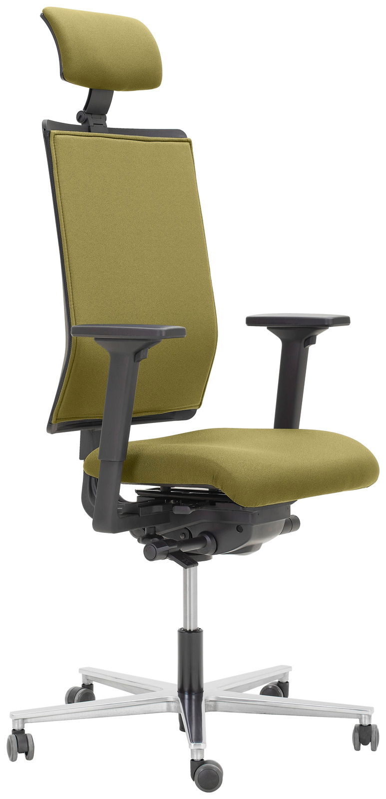 Dieter Knoll Drehstuhl NUOVO Moderner grüner Drehstuhl mit Kopfstütze und Armlehnen, seitliche Perspektive