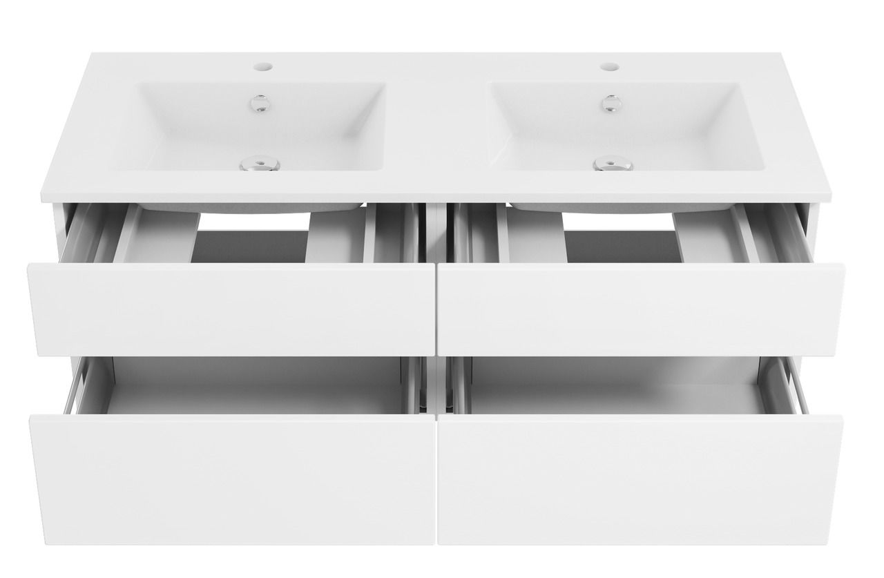 Weiße Badkombination mit zwei Waschbecken und offenen Schubladen, Ansicht von oben.