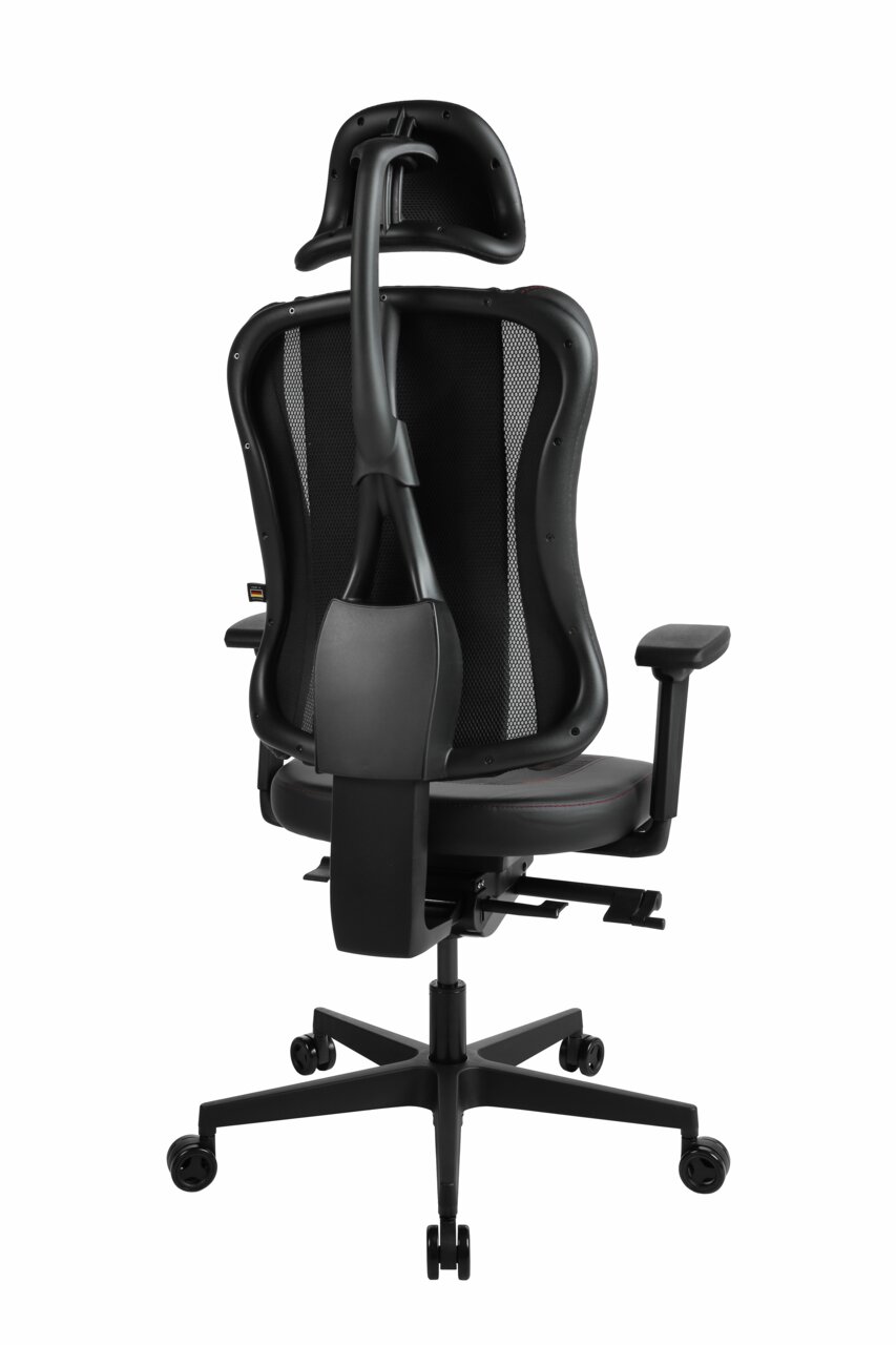 Rückansicht eines Gaming-Stuhls mit ergonomischem Design, Netzrückenlehne und verstellbarer Kopfstütze.