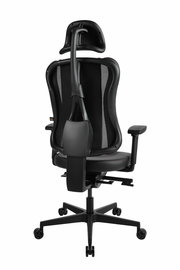 Rückansicht eines Gaming-Stuhls mit ergonomischem Design, Netzrückenlehne und verstellbarer Kopfstütze.