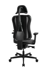 Rückansicht eines Gaming-Stuhls mit ergonomischem Design, Netzrückenlehne und verstellbarer Kopfstütze.