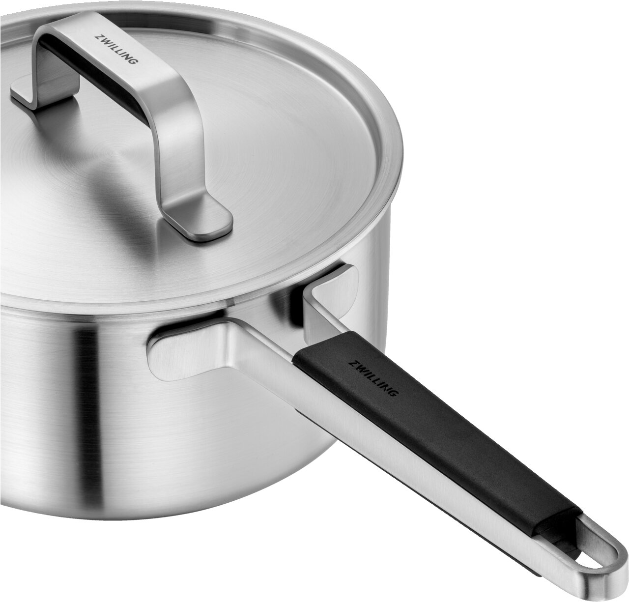 Topf aus Edelstahl mit Deckel und Griff, seitliche Perspektive